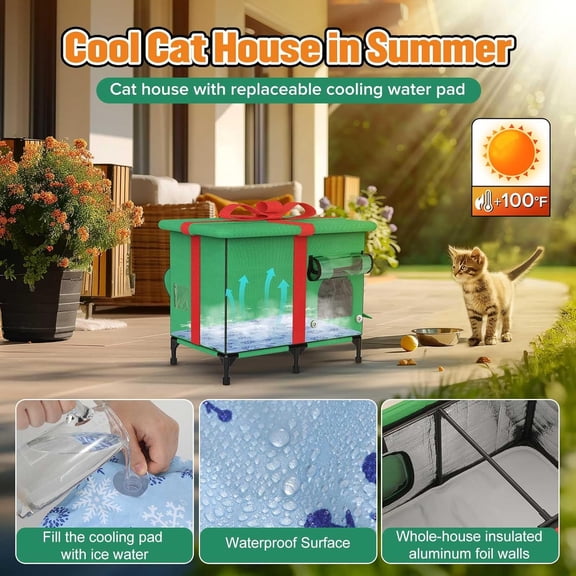 Outdoor  House with Heated and Cooling Pads, Weatherproof Insulated Shelter for 4 Seasons, Gift Box for Cats (Medium)