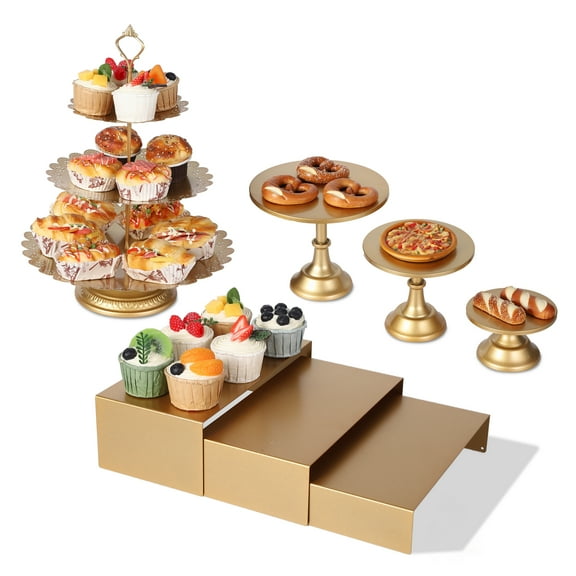 7-Piece Gold Dessert Stand Set, Metal Cake Stands with 2 Tiered Cupcake Stands, 2 Rectangular Serving Trays & 3 Round Display Stands for Wedding Birthday Party Dessert Table