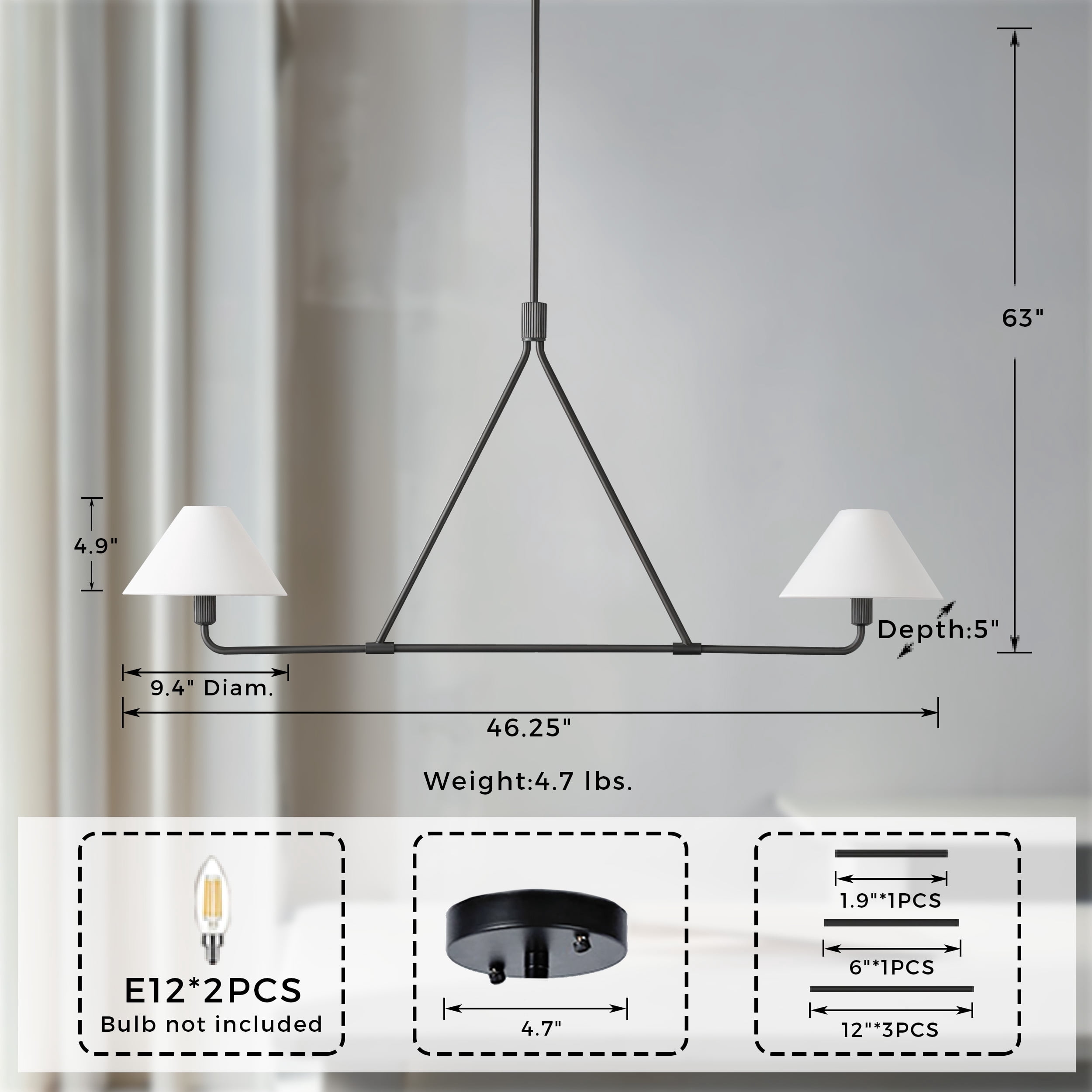 Natural Linen Pendant Light, Black Conical Light Fixture, 2-Light Ceiling Light with Tapered Shades, Ceiling Lamp for over Kitchen Island, Dining Room, Bedroom
