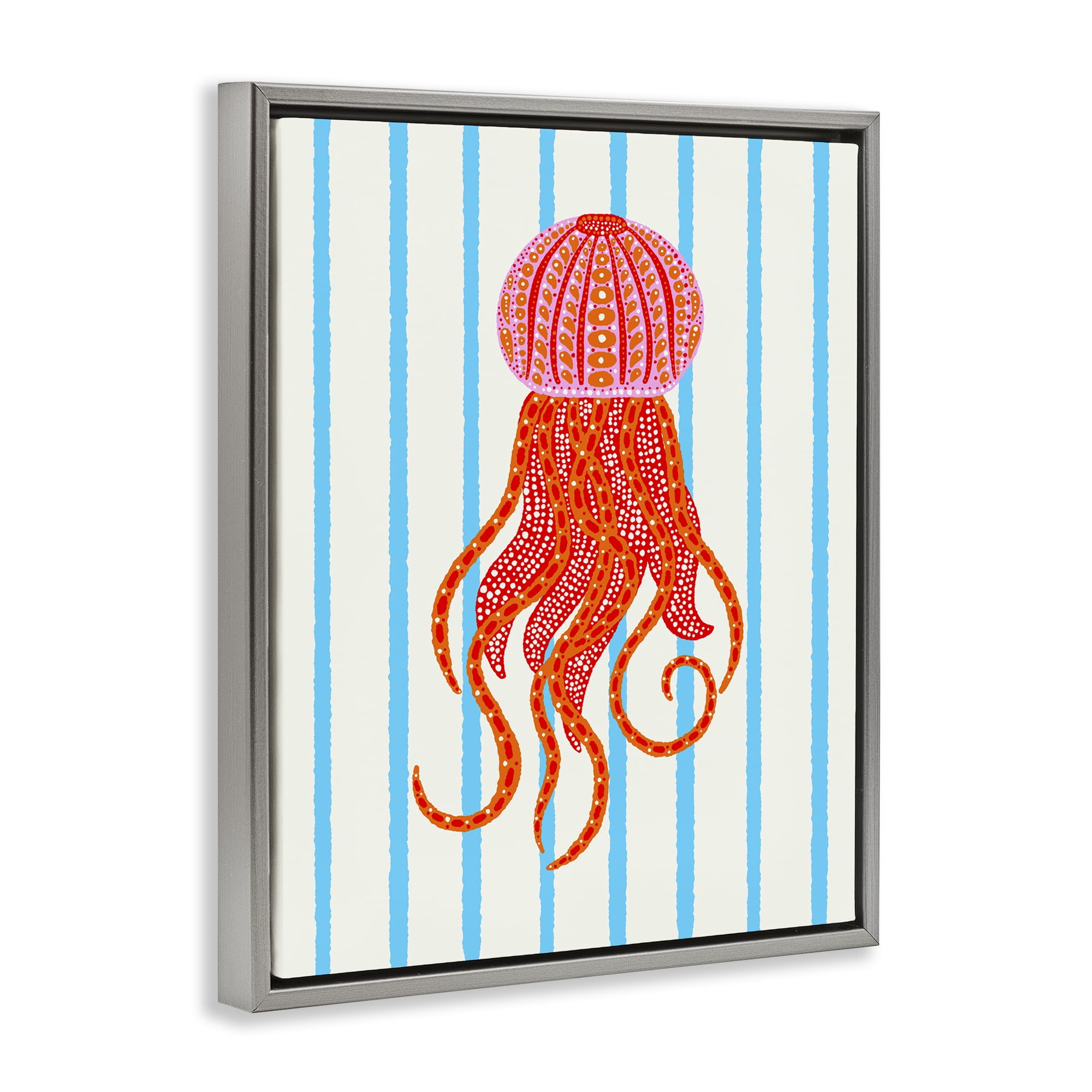 Stupell Industries Bright Aquatic Jellyfish on Stripes Gray Framed Floater Canvas Wall Art, design by Indira Prieto | IndySign