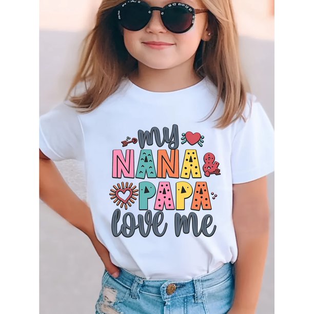 NANA PAPA LOVE ME, Trendy Short Sleeves T-shirt For Girls, Chic Stylish Print, Casual Comfy Summer All Season Outfits Tops, Perfect Gifts Idea