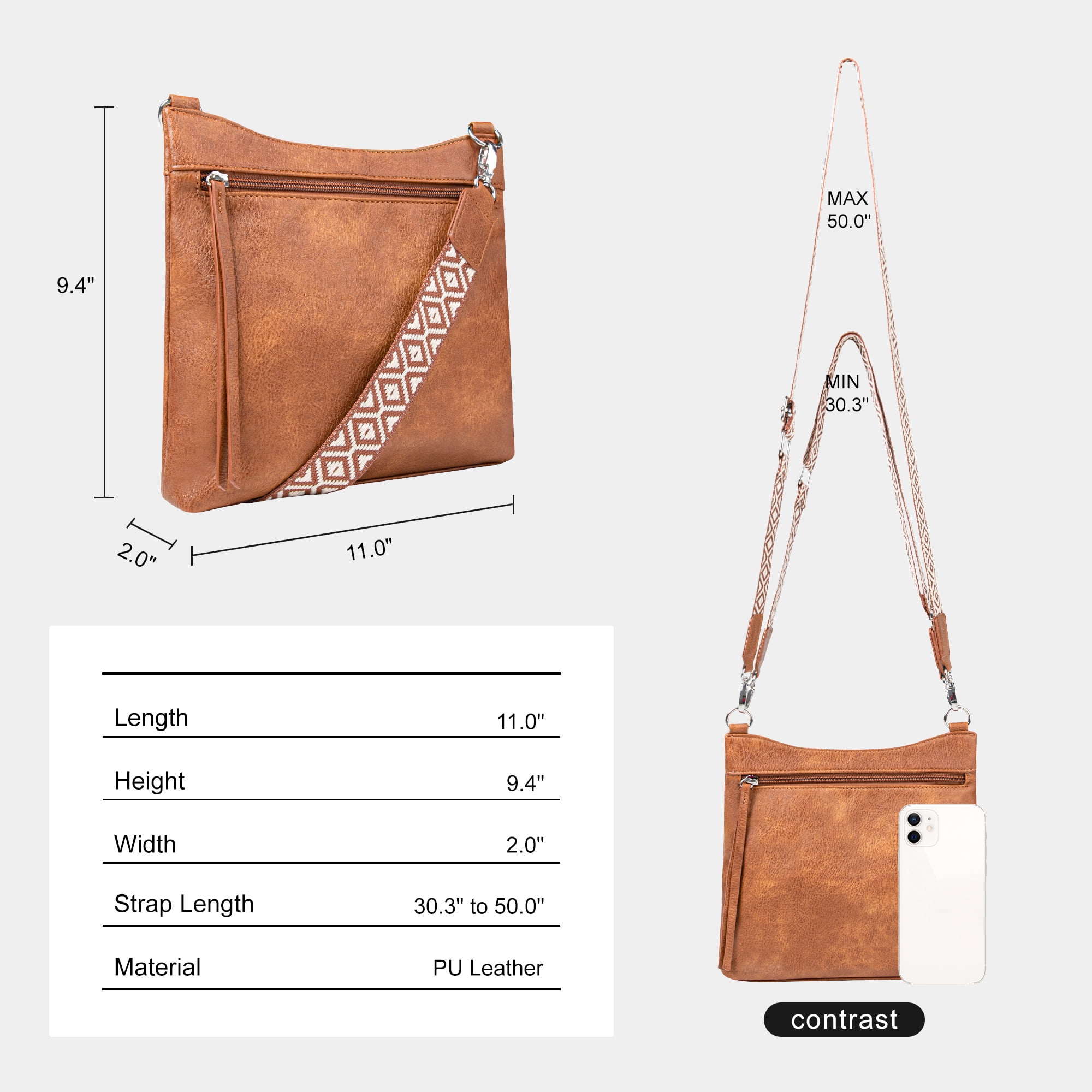 Women's Soft Vegan Leather Crossbody Bag, 2 Interchangeable Straps, Multi-Pocket Spacious Shoulder Purse for Commute, Work, Travel, Shopping & Daily Use, Brown