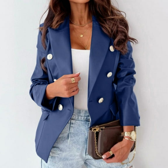Brnmxoke Double Breasted Buttons Faux Leather Blazer Women Long Sleeve Coat Notch Collar Leather Jacket Women