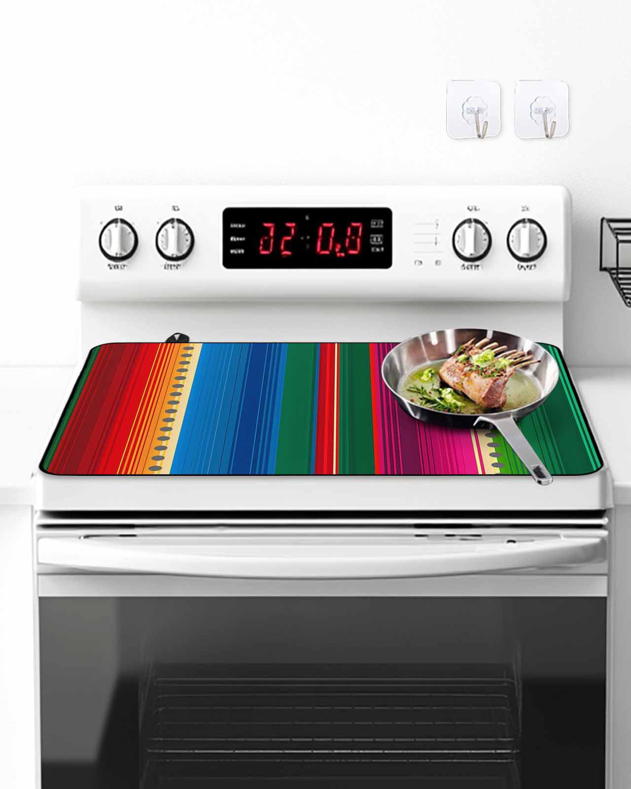 Stove Top Covers for Electric Stove, Mexican Stripes Glass Stovetop Cover Protector, Blue Boho Red Green Orange Art Simple Induction Cooktop Protector Oven Mat for Kitchen Countertop 24"x21"