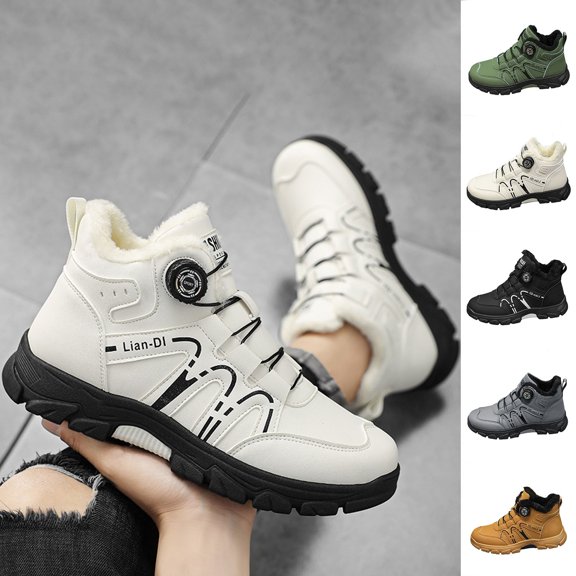 Men Winter Snow Boots Fleece Lined Mens Rotary Buckle Outdoor Boot Walking Hiking Boots Non Slip Backpack Shoes High Top Fashion Sneakers
