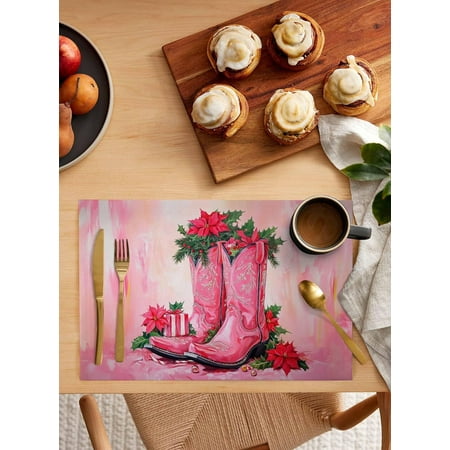 

Placemats Set of 6 Cotton Linen Heat Resistant Table Mats Non-Slip Washable Watercolor Dark Pink Floral Boots Western Christmas Placemat for Holiday Banquet Dining Kitchen Table Decor