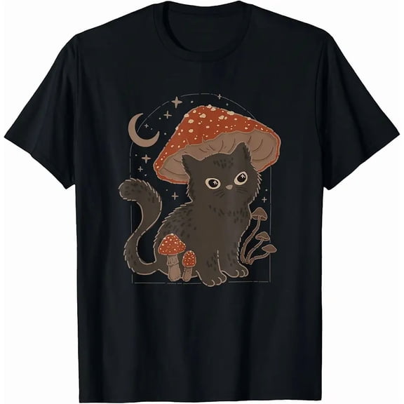 Cottagecore Mushroom Black Cat Graphic Unisex T-Shirt