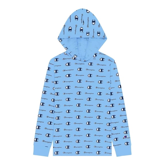 Champion Boy's Long-Sleeve Allover Print Hoodie T-Shirt (Swiss Blue, Large, L)