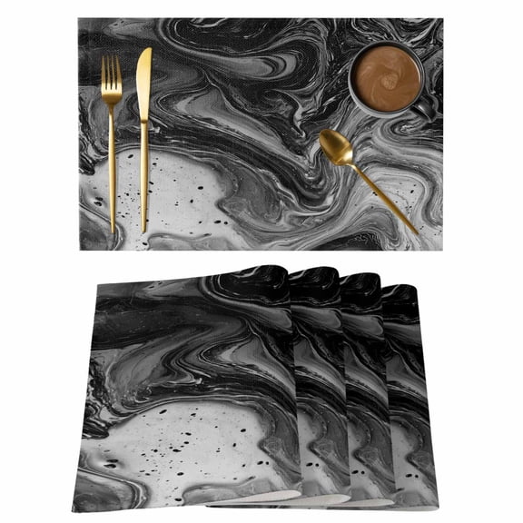 Black Marble Placemats Set of 8, Vintage Abstract Grey Fluid Aesthetic Placemats for Dining Table, Place Mats for Kitchen Tabletop, Waterproof Wipeable Dining Table Mats Set