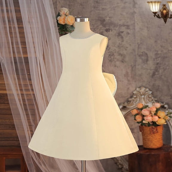 DAETIROS Flower Girl Dress with Pearl Trim & Back Bow, Girls Satin Pageant Party Dress for Wedding Birthday, Ivory, Sizes 2-10 Years,Size 12 T