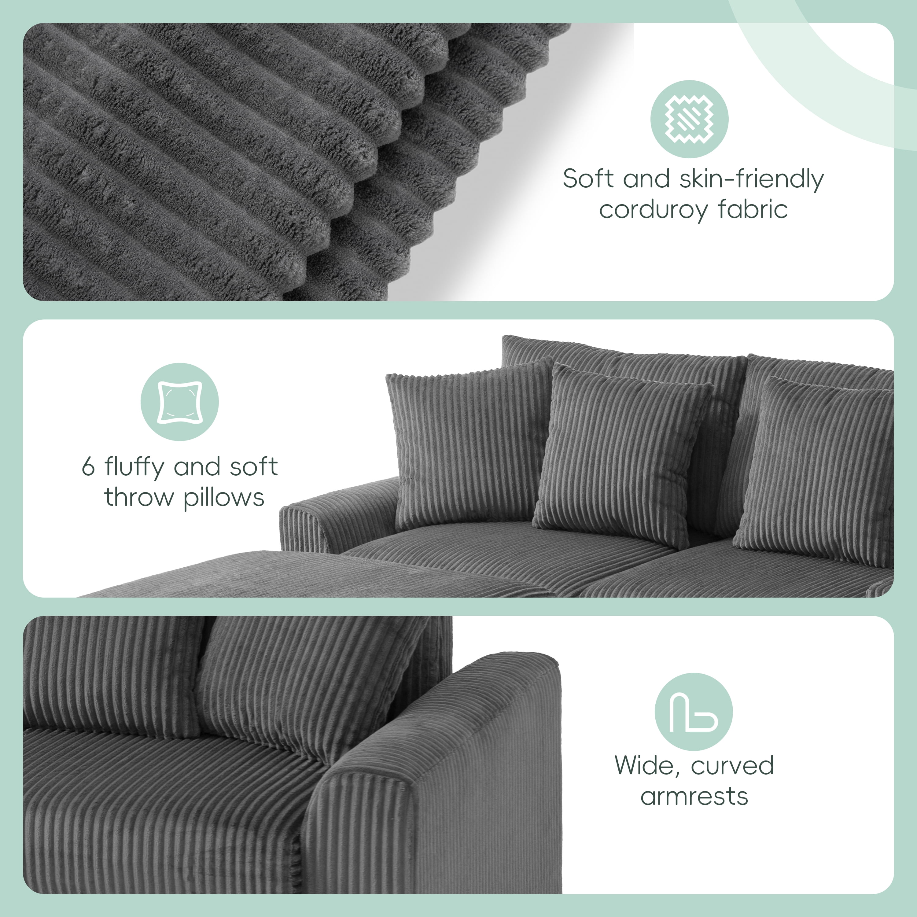 AISWORD 112" U Shaped Sectional Couch with Bluetooth Speakers, USB Charger, Console with Cup Holders & Corduroy Chaise, Dark Grey