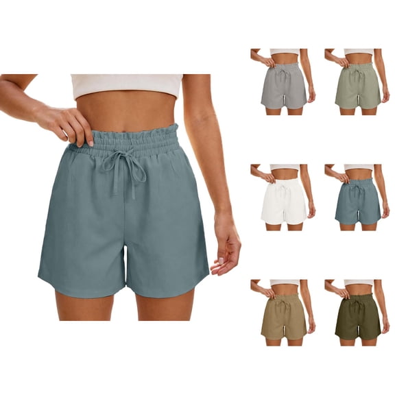 Cotton Linen Shorts for Women Summer Casual Elastic High Waist Wide Leg Loose Beach Shorts with Pockets