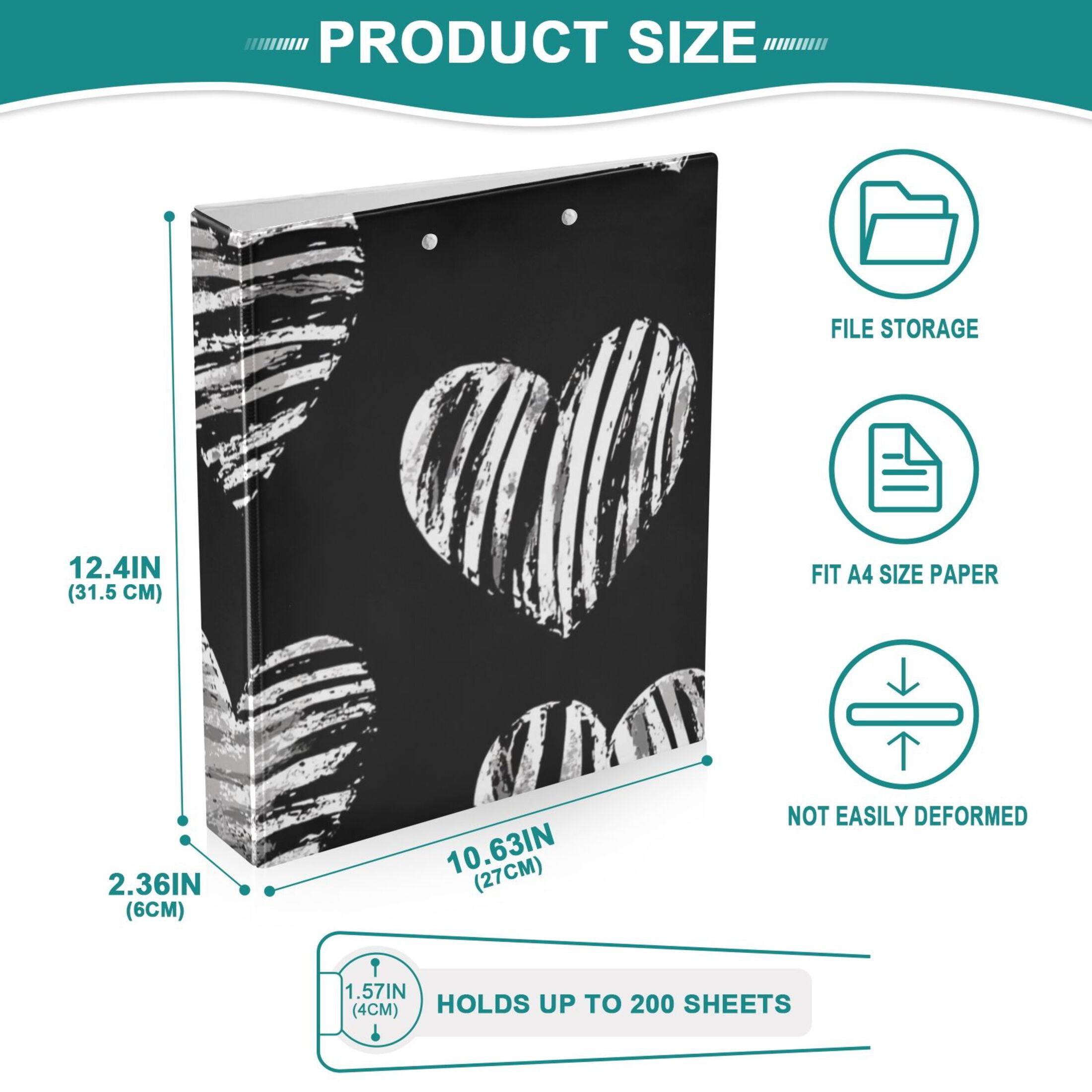 Zebra Stripes Hearts 3 Ring Binders 1.5 inch Hardcover File Folders with Interior Pockets A4 Size Organizer for School Office Hospital