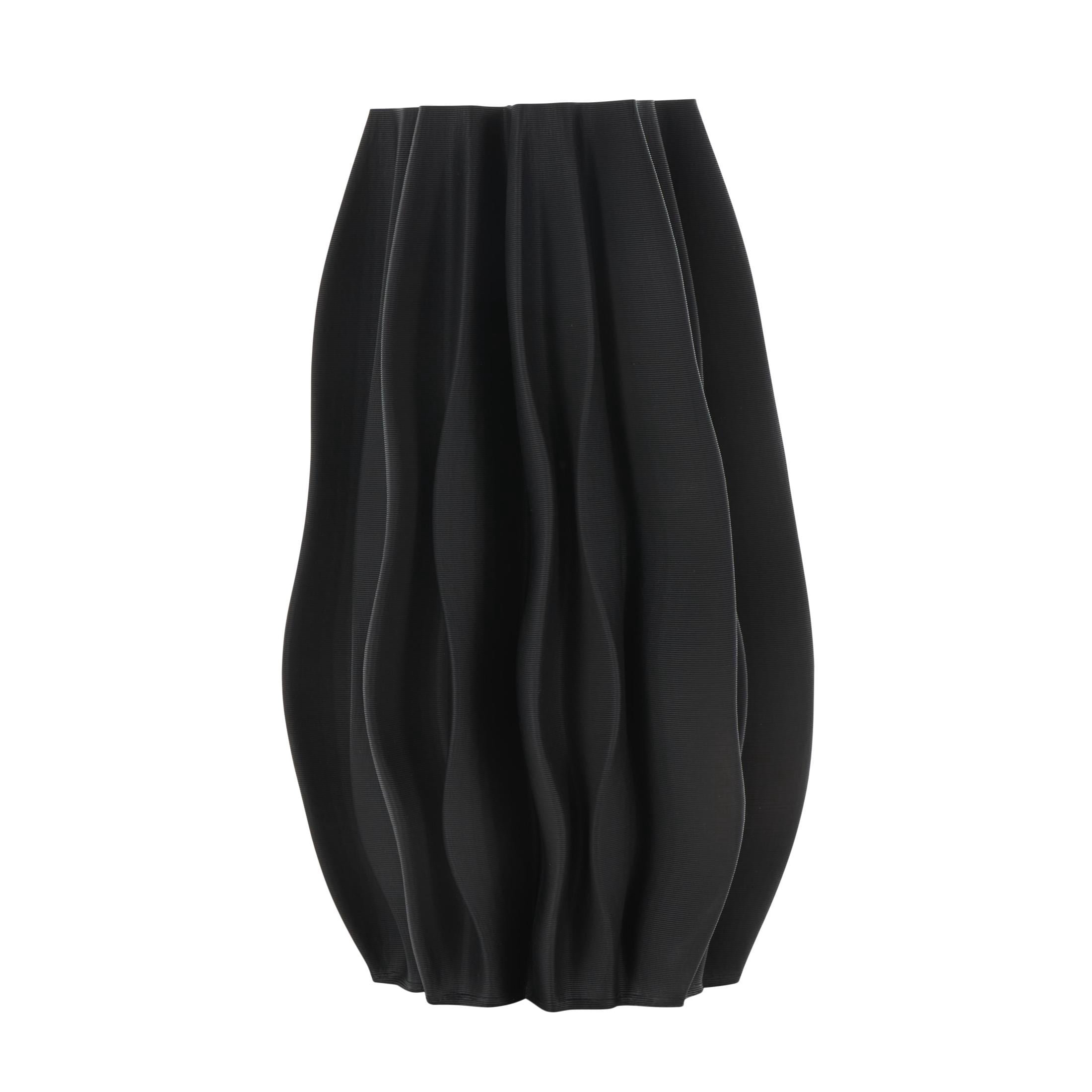DecMode 14" Abstract Dimensional Wavy Ribbed Black Ceramic Vase with Floral Shaped Rim