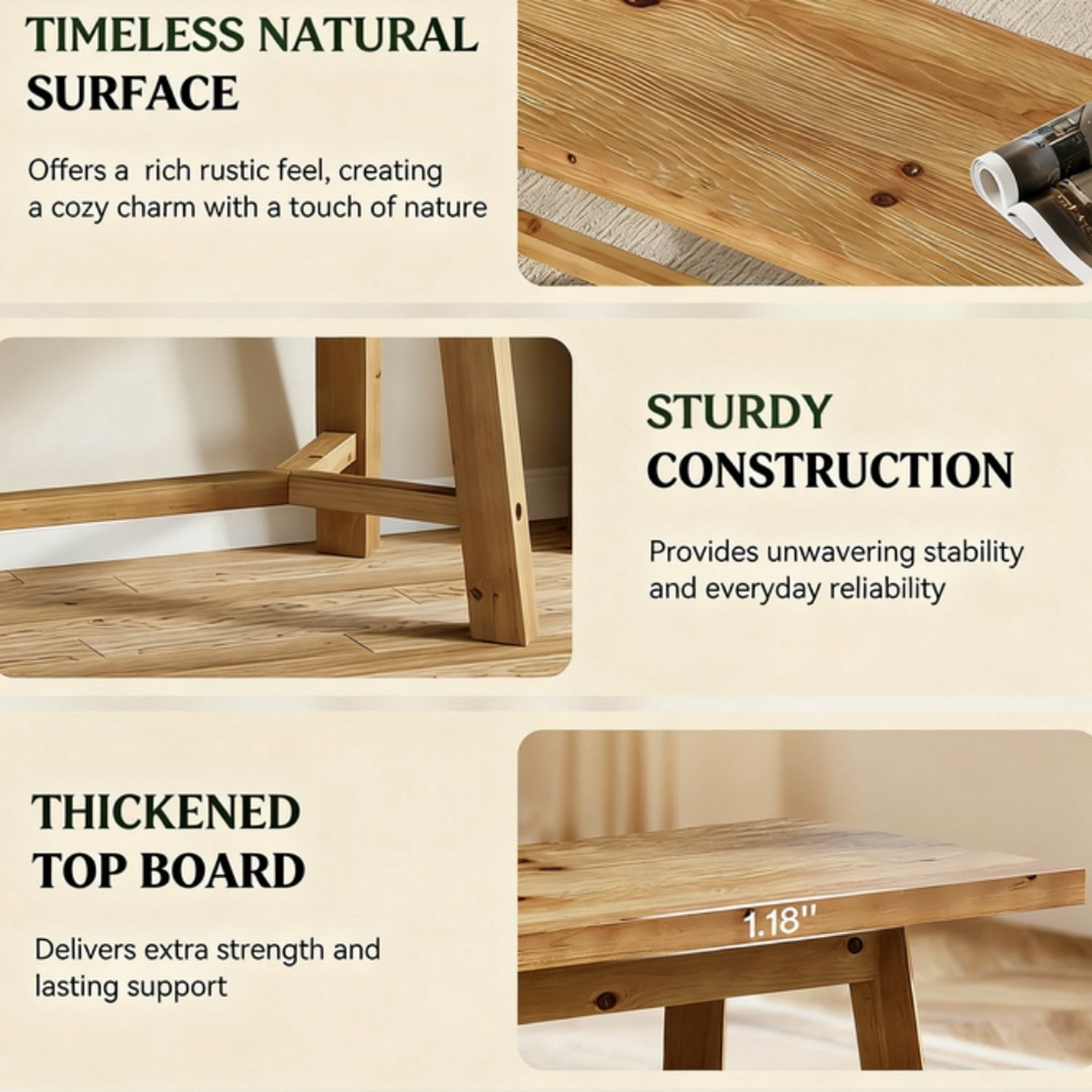 Solid Wood Dining Bench, 55.12 in Wide, Rustic Finish, Supports 400 lb