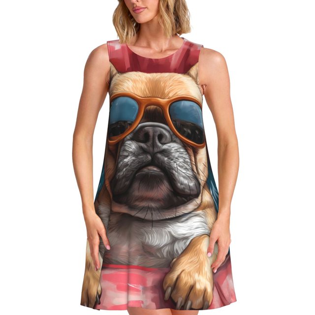 Fotbe French Bulldog In Sunglasses Vestido de Verano sin Mangas para Mujer – Vestido Midi Línea A, Estilo Camiseta Floral, Vestido Playero Casual y Fluido