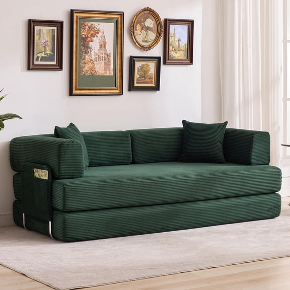 Dark Green 5-in-1 Convertible Sofa Bed, 78.8" Modular Corduroy Sleeper with Sturdy Frame & No Assembly, Multi-Functional Futon for Small Space, Living Room & Guest Room