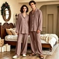 thumbnail image 2 of Matching Pjs for Couples Long Sleeve His and Hers Pajamas Sets Sleepwear Solid Button Down Warm 2 Piece Set Loungewear Light Brown S, 2 of 7