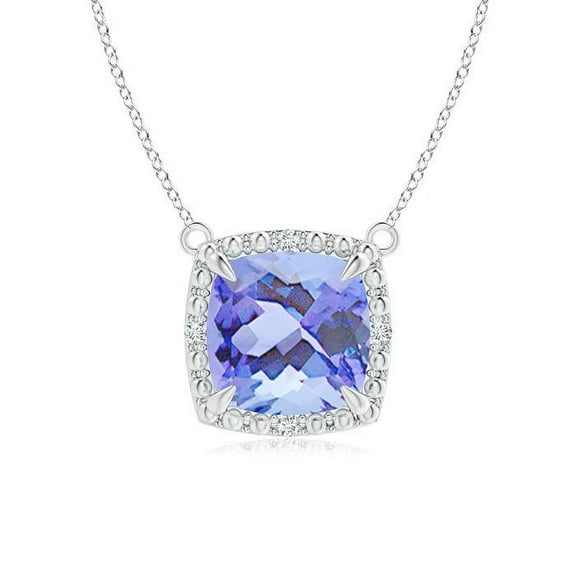 ANGARA Natural Claw-Set Cushion 1.5 ct Tanzanite Beaded Halo Necklace in 14K White Gold for Women (Size-7mm) | December Birthstone, Anniversary, Jewelry Gift for Women | Natural Tanzanite Necklace