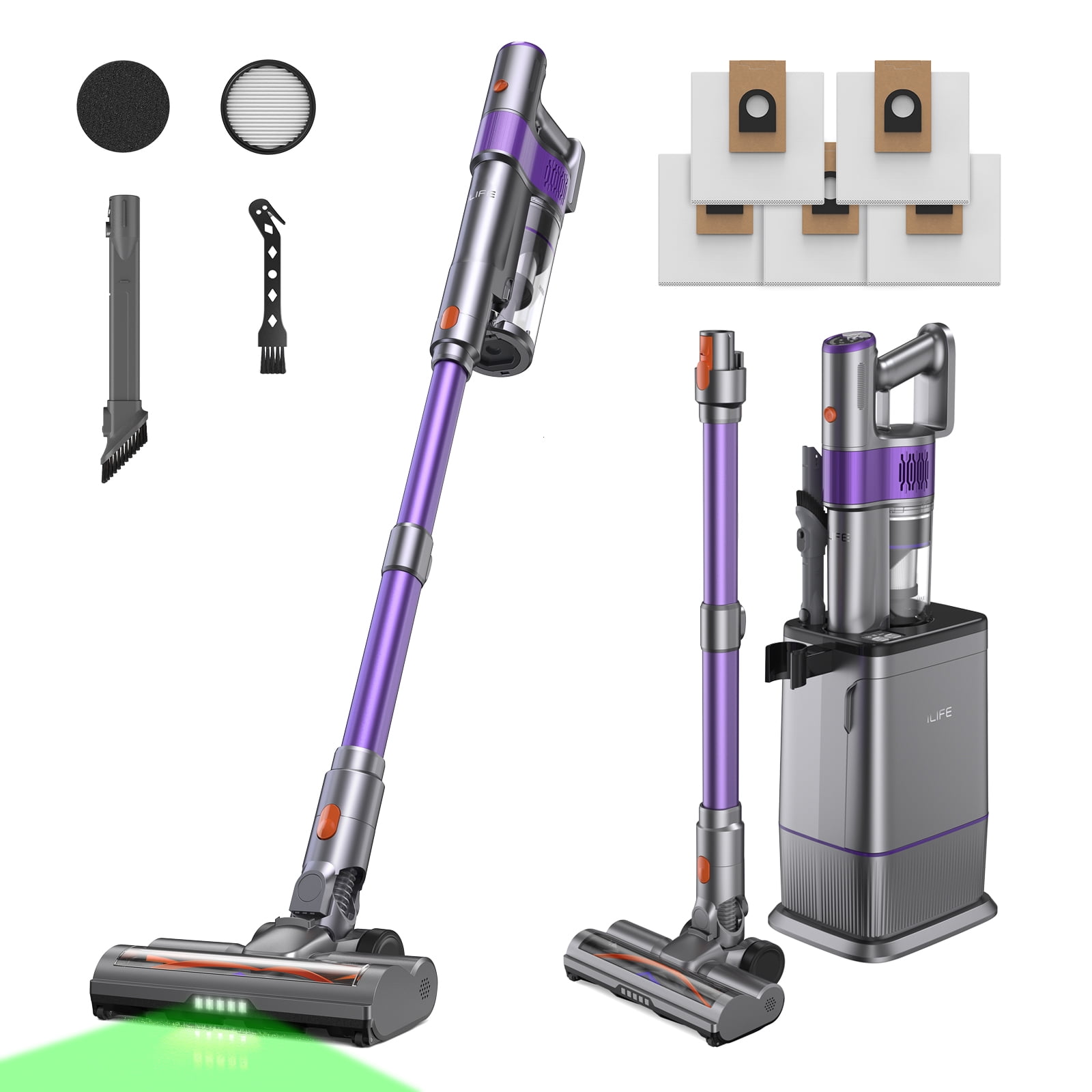 ILIFE S90 Pro Cordless Stick Vacuum Cleaner with Auto-Empty System for Pet Hair,650W Self-Emptying System, 5 Dust Bags, Upgraded Green LED, 5lbs Lightweight Vacuum for Home/Carpets/Hard Floors