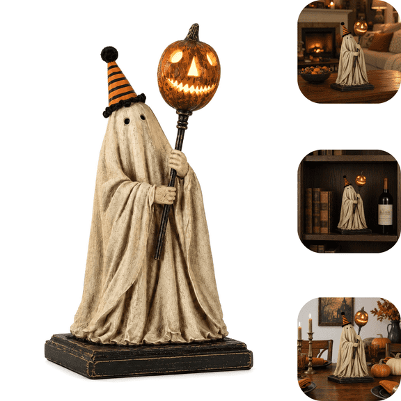 Halloween Warm LED Lighted Vintage Ghost Summerween Figurine With Glowing Pumpkin Staff Resin Statue Retro Halloween Tabletop Decor For Party Autumn Festival Holiday Shelf Ornament Favor Gift Supplie