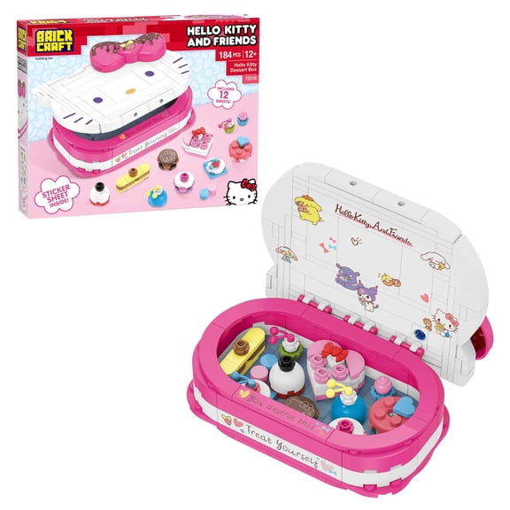 Brickcraft Hello Kitty Dessert Box Building Kit (184-Piece Set), Sanrio Buildable Sweets Set with Chocolate Bow Lid, Decorative Stickers, Gift for Fans Ages 12