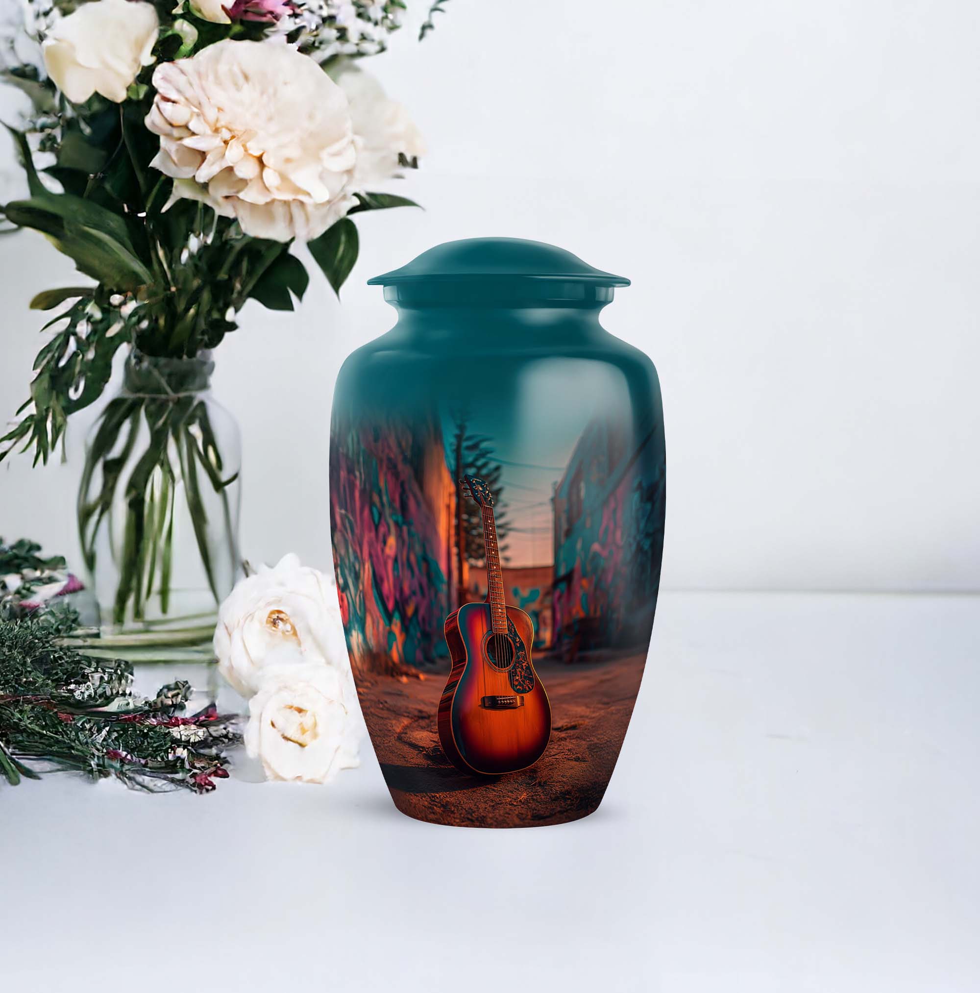 Guitar Keepsake Cremation Urns For Ashes Adult Female Mom And Dad - Pink Urns For Human Ashes Male And Female, 1 Large 10 Inch, With 4 Keepsake Set, 3 Inch - Blue Urn For Boy & Girl