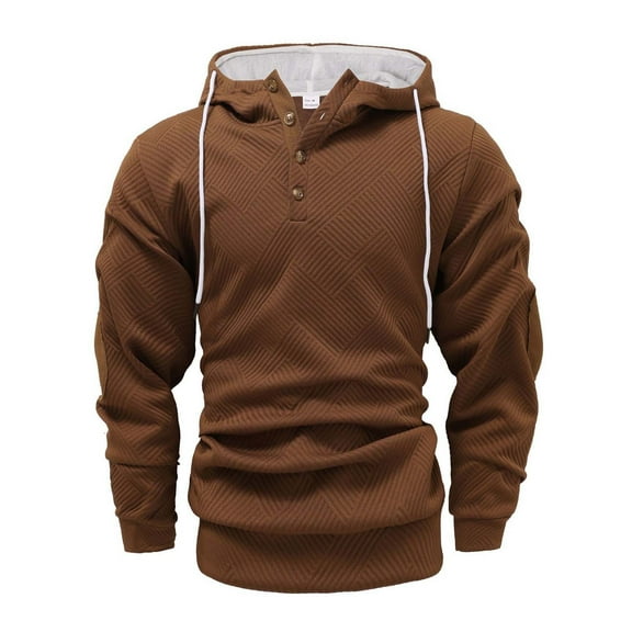 Handshe Men's Solid Color Hooded Sweatshirt, Stylish Button Detail Adjustable Drawstring Long Sleeve Pullover for Men, Urban Street Style Casual Outerwear,Plus Size