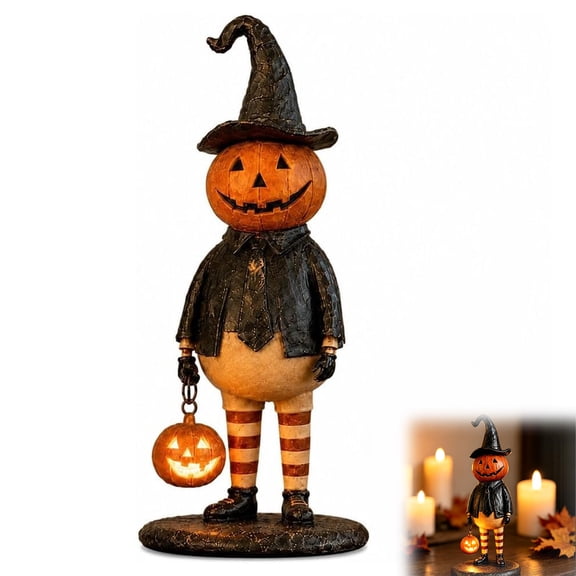 Pumpkin Witch Figurine, Halloween Decor Spooky Witch Statue, Glowing Pumpkin Lamp Resin Tabletop Ornament, Vintage Gothic Whimsical Home Decoration for Porch Shelf Mantel Party Gift