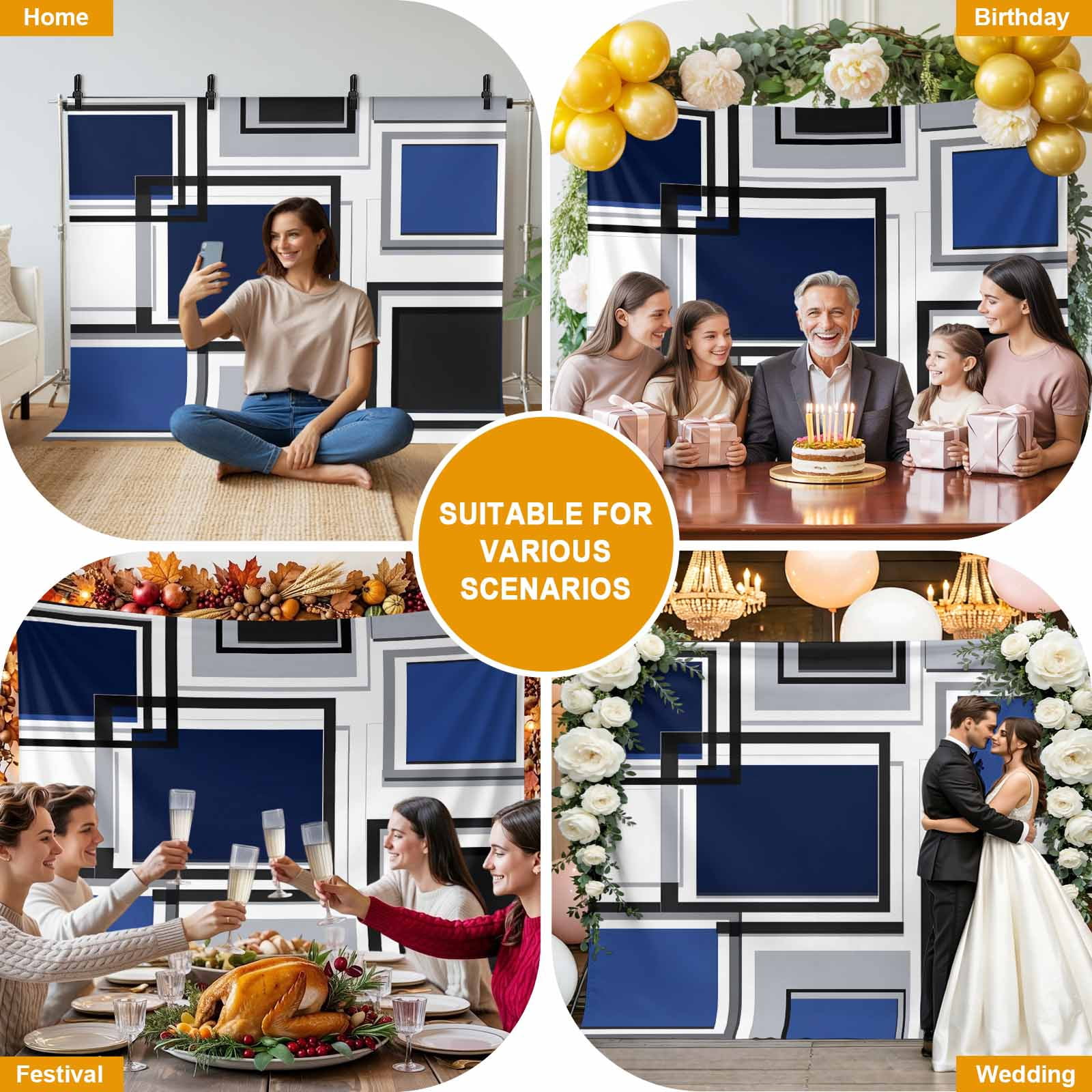 Space Design Sense Backdrop for Photography, Black Blue Suqare Stitching Photo Backdrop Portrait Background Party Banner Photo Backgrounds for Studio Booth Props, 7x5ft