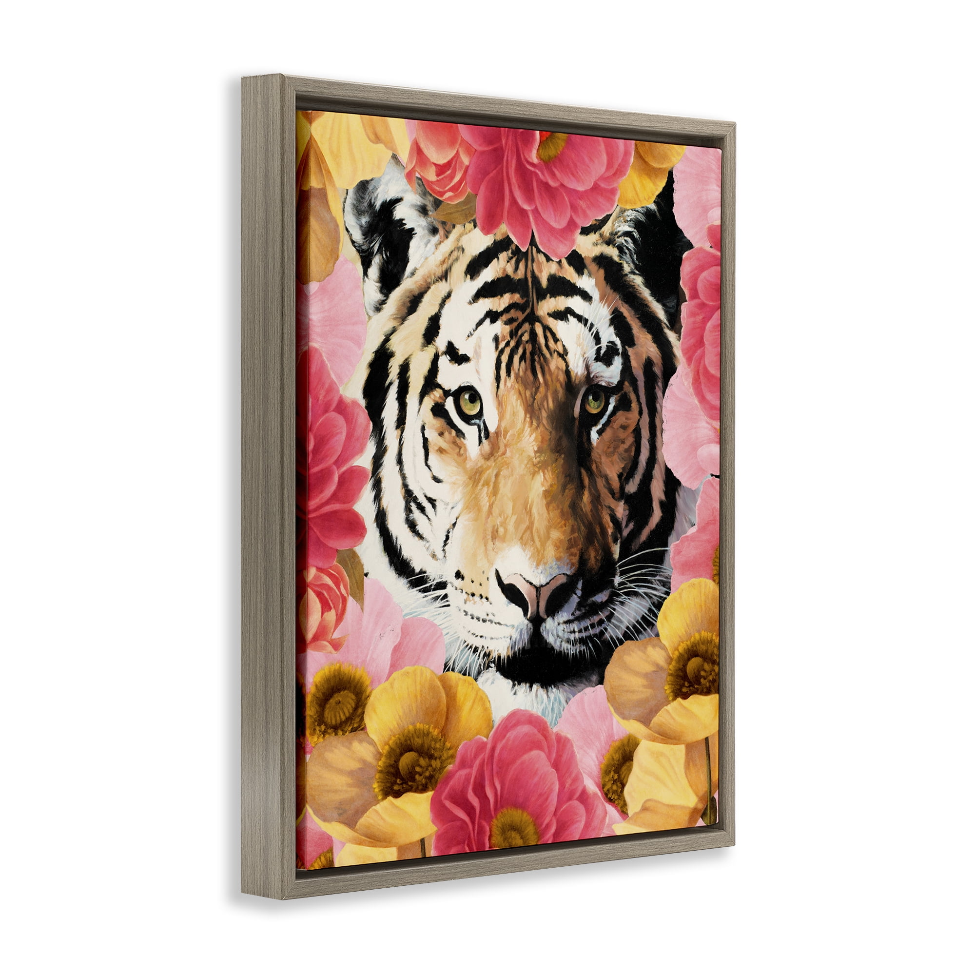 Stupell Industries Tiger on Dahlia Florals Animals Painting Brown Floater Framed Canvas Art Print Wall Art, 25 x 31