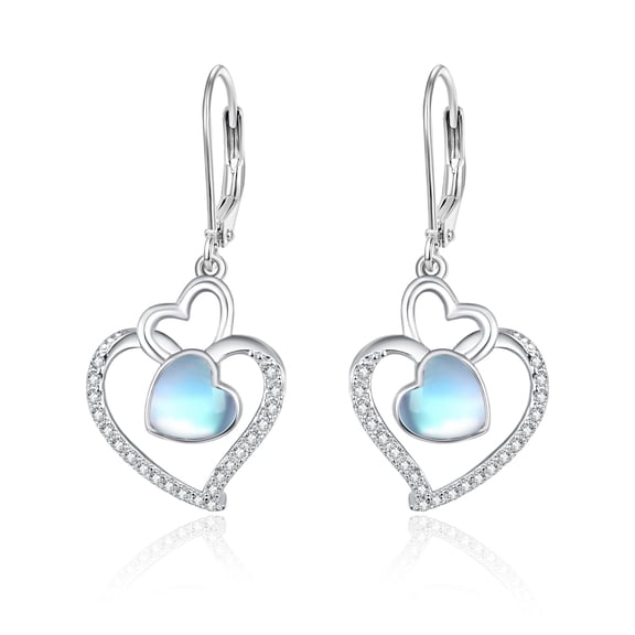 TANGPOET Valentines Day Gifts for Women Moonstone Heart Dangle Drop Earrings Sterling Silver Moonstone Double Heart Dangling Leverback Earrings Cute Jewelry Anniversary Birthday Gift for Wife Her Mom