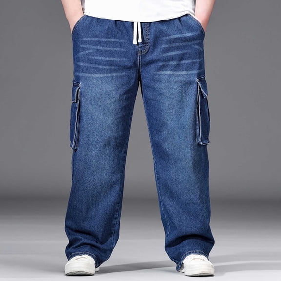 Tawop Big and Tall Jeans Jeans for Men Cargo Jeans with Pockets Baggy Wide Leg Drawstring Pants