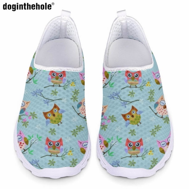 Zapatos casuales con estampado de búho de dibujos animados de Doginthehole para mujer, zapatos planos deportivos para exteriores, zapatos de verano cómodos y transpirables de malla sin cordones
