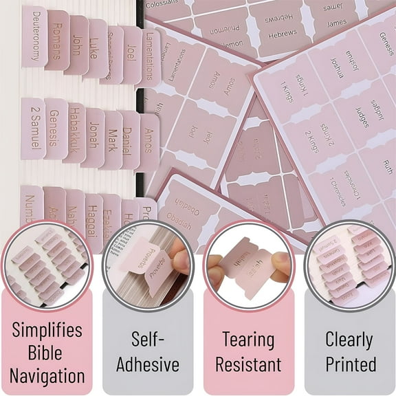 CCOCC 6 Sheets Laminated Bible Tabs Pink Large Print Stickers Easy to Read Bible Journaling Tabs Christian Gift for Women