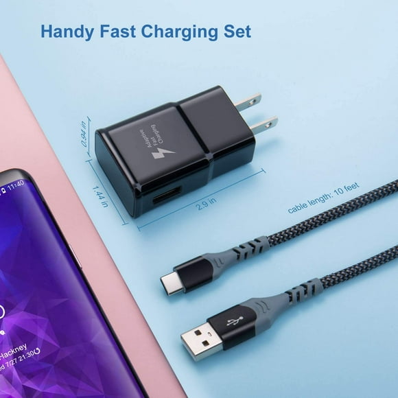 Chargeur Mural Adaptatif Rapide avec Câble USB-C 10 Pieds/3 M, Adaptateur Secteur Excgood Fast Charge 3.0 + USB Type C Tressé en Nylon