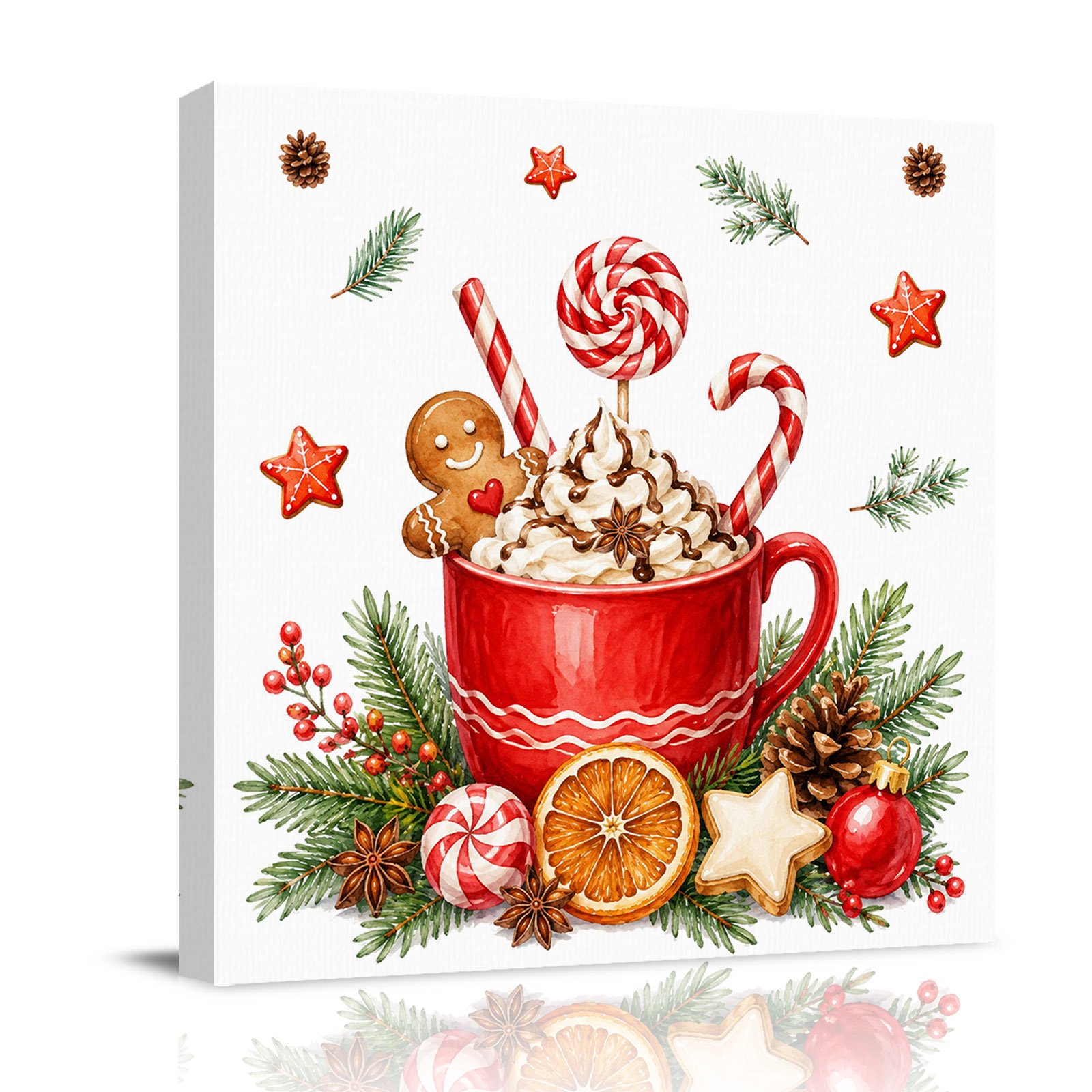 Canvas Wall Art Merry Christmas Framed Canvas Prints for Living Room Bathroom Xmas Cocoa Mug Pine Needles Gallery Wrapped Wall Decor for Home Office Gifts 12 x12 Ship Next Day