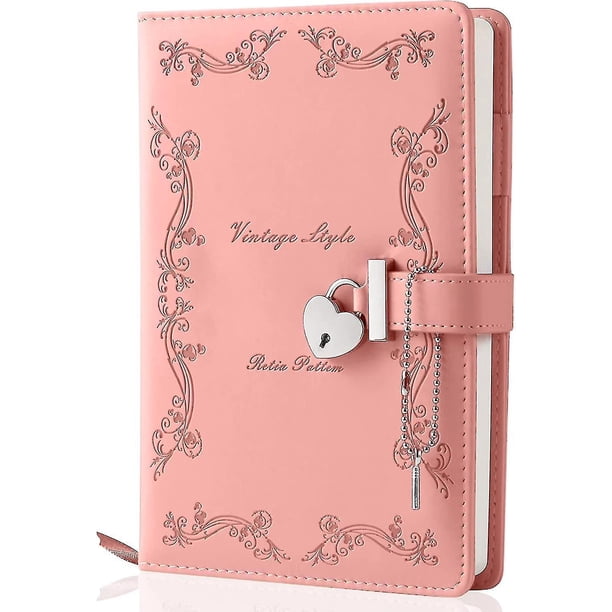 Diario con cerradura y llave para niñas Espesar 360 páginas Diario de bloqueo en forma de corazón de cuero Lindo cuaderno de diarios secretos bloqueados para mujeres adultas A5 (rosa