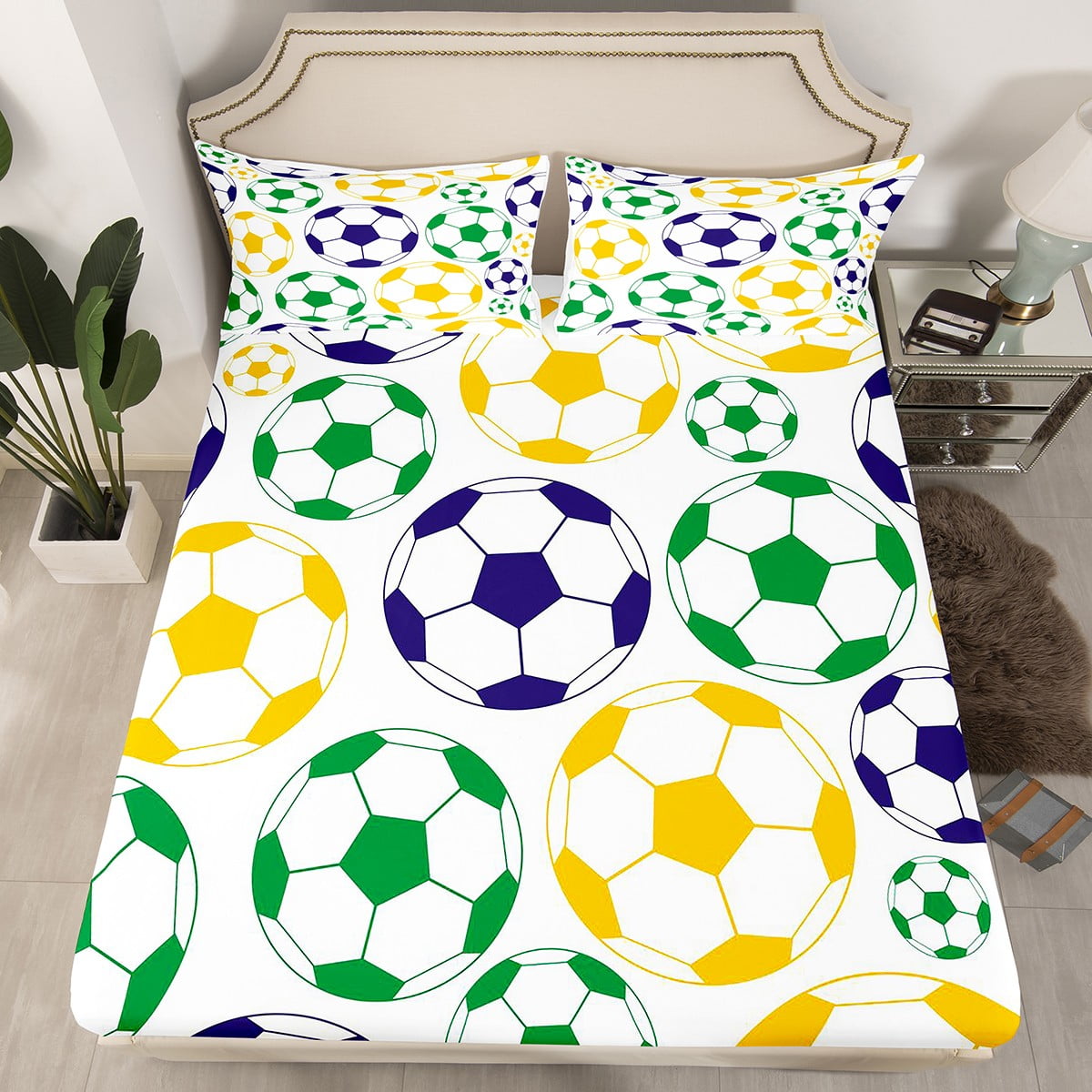YST Kids Football Bed Sheets Soccer Fitted Sheet Queen Size for Boys Girls Sports Themed Bedding Set 3 Piece Teens Ball Sport Game Bed Cover Green Yellow Blue White Sheets Soft Cozy