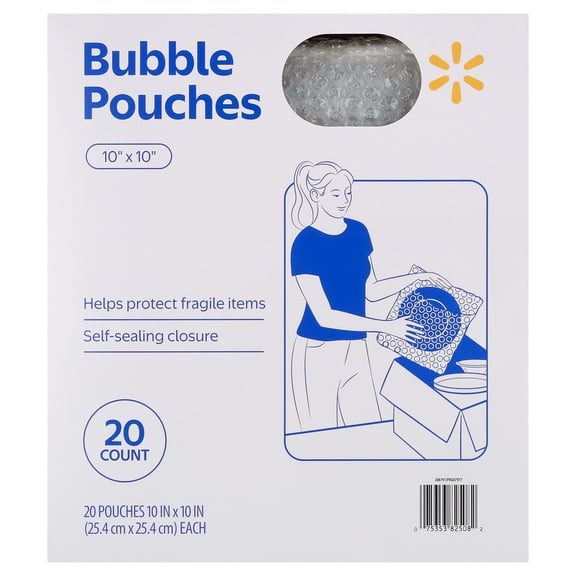Walmart Self-Sealing Bubble Pouches, Clear, 10" x 10", 20 Count