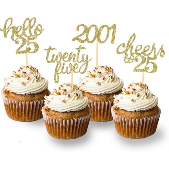 10pcs Glitter 25th Birthday Cupcake Toppers, Hello 25th Birthday Cake Topper- 25th Birthday Decorations for Celebrating Twenty-Five Years Old Birthday Party (Gold2)