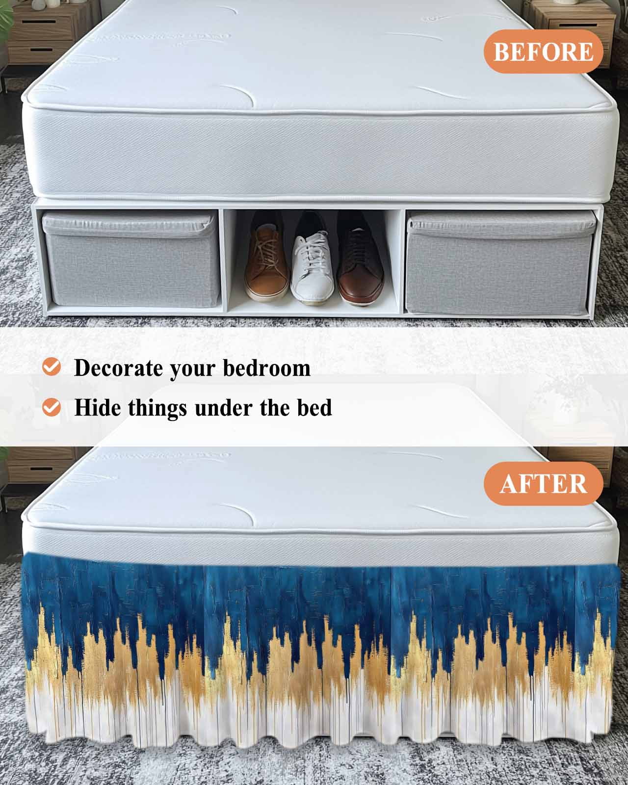 Blue Gold Wrap Around Bed Skirts for Queen Bed 16" Drop,Bed Skirt with Adjustable Elastic Belt Dust Ruffle Bed Valance for Bedroom Hotel Modern Street Art Splatter Foil Painting Bed Frame Cover