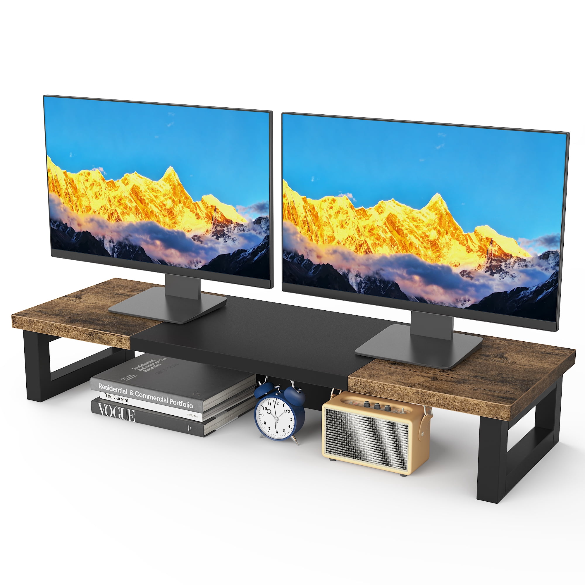 HIGDBFE Dual Monitor Stand Riser, 36 inch Computer Monitor Stand, Ergonomic Desktop Riser for PC, Laptop, Printer, Rustic Brown