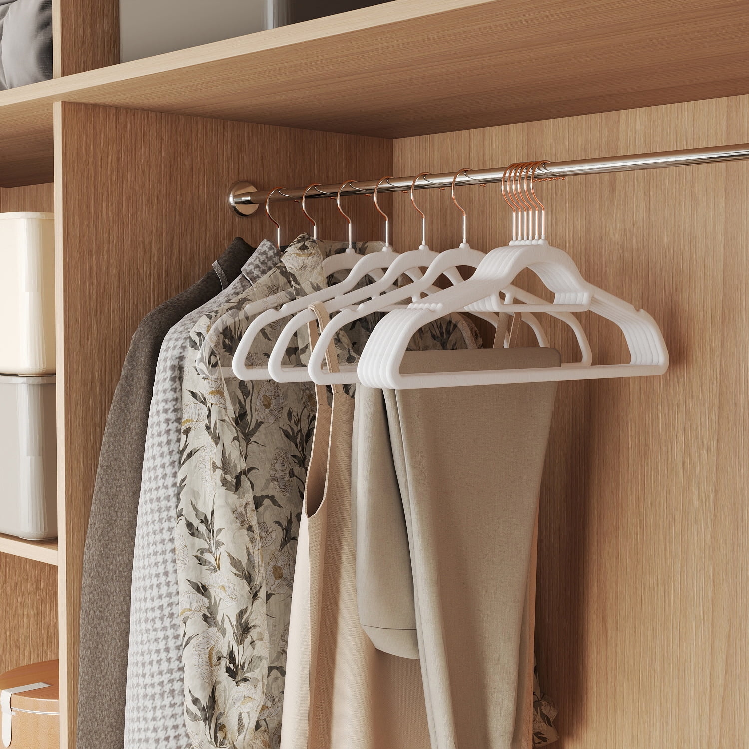 LEDREM Set of 50 Velvet Hangers with Rose Gold Swivel Hooks, Non-Slip Space Saving Hangers for Shirts and Dresses, Cloud White