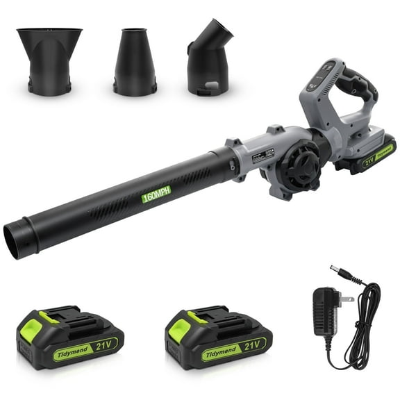 Tidymend 20V Cordless Leaf Blower with 2 Batteries & Adapter Charger, Lightweight 190 CFM 160 MPH Blower, 3 Speeds, 3 Nozzles for Light-Duty Patio, Sidewalk, Driveway & Yard Cleanup