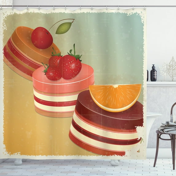 Dessert Shower Curtain, Slice of Orange Cherry and Strawberry Cake Toppers Patisserie Design Grunge Look, Fabric Bathroom Set with Hooks, 69W X 70L Inches, Multicolor, by Ambesonne