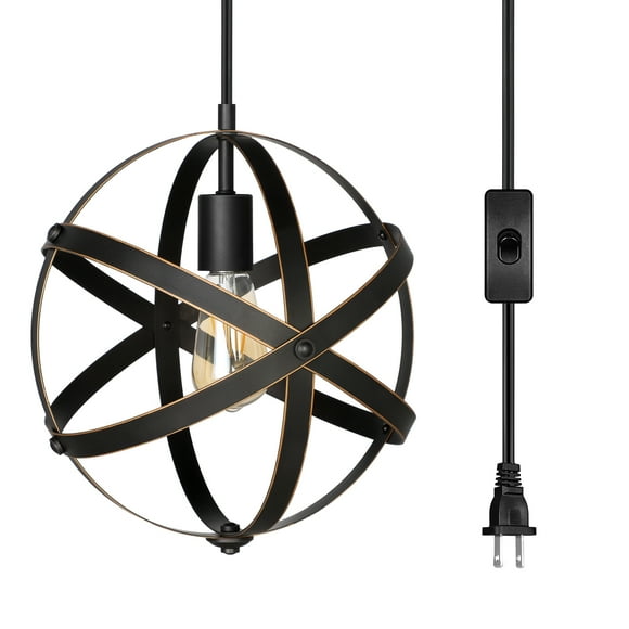 DEWENWILS Plug in Pendant Hanging Light, Industrial Farmhouse Metal Globe Vintage Ceiling Entryway Light Fixture with 15FT Cord and ON/Off Switch for Kitchen Island, Bedroom, Dining Hall