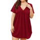 thumbnail image 1 of Vestido liso con cuello en V, dobladillo plisado suelto, manga corta, cómodo camisón para el hogar, diario, rojo vino, 4XL, 1 of 5
