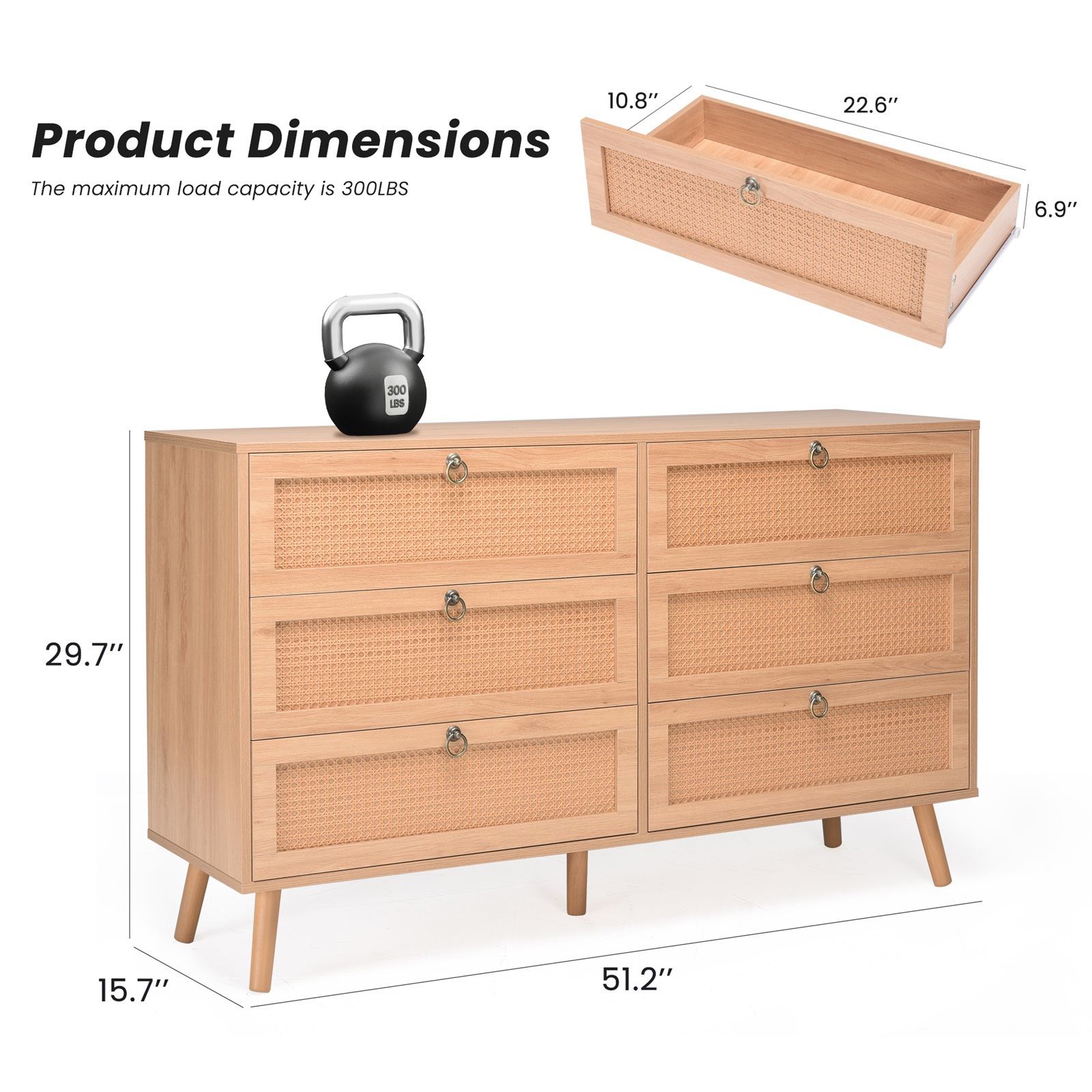 Hommoo Rattan 6 Drawer Double Dresser, Modern Storage Cabinet Chest of Drawers for Home, Natural