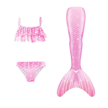 Toimothcn Girls Swimsuits Sleeveless Casual Colorful Fish Scale Printed 3 Piece Tail Bikini Set Quickly Dry Cover Up Swimwear 6-7 Years